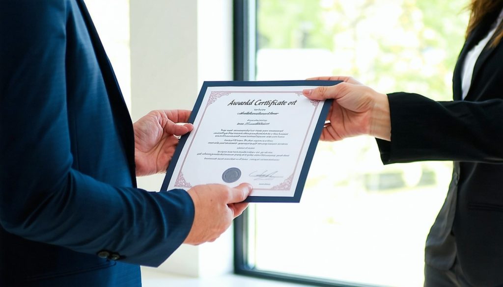 Someone receiving a certificate from an awarding auditor ISO Certification